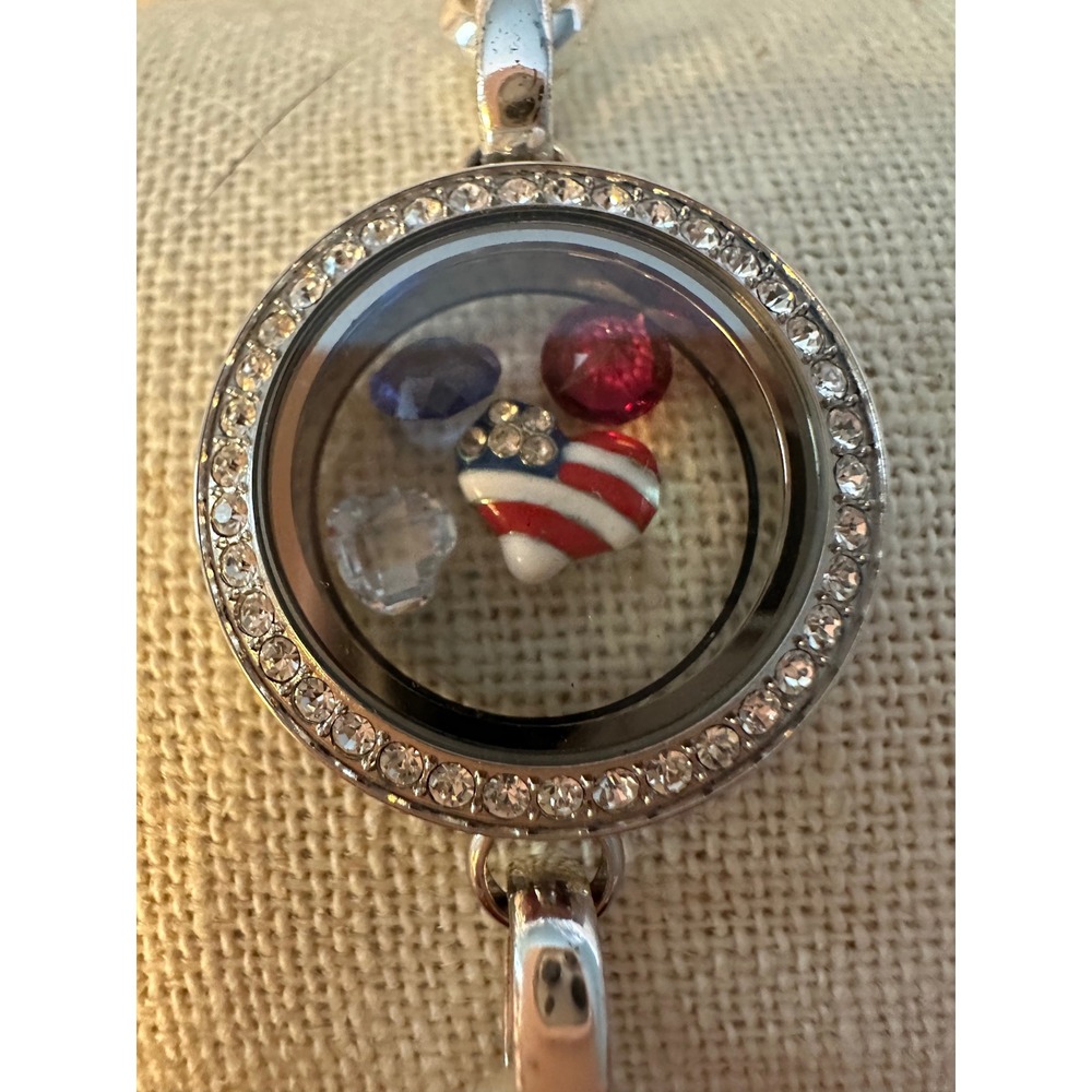 Origami Owl Silver Floating Locket Bracelet Patriotic American Flag Heart Charms